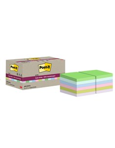 Post-It Super Sticky Pack de 12 blocs de 70 notes autocollantes recyclées - Forme carrée - 47,6 x 47,6 mm - Couleurs assorties