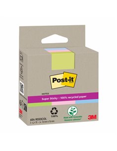 Post-It Super Sticky Pack de 3 blocs de 70 notes autocollantes recyclées - Forme carrée - 76 x 76 mm - Couleurs assorties
