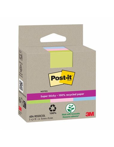 Post-It Super Sticky Pack de 3 blocs de 70 notes autocollantes recyclées - Forme carrée - 76 x 76 mm - Couleurs assorties