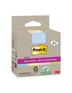 Post-It Super Sticky Pack de 4 blocs de 70 notes autocollantes recyclées - Forme carrée - 76 x 76 mm - Couleurs assorties