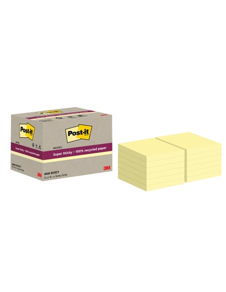 Post-It Super Sticky Pack de 12 blocs de 70 notes autocollantes recyclées - Forme carrée - 76 x 76 mm - Jaune clair