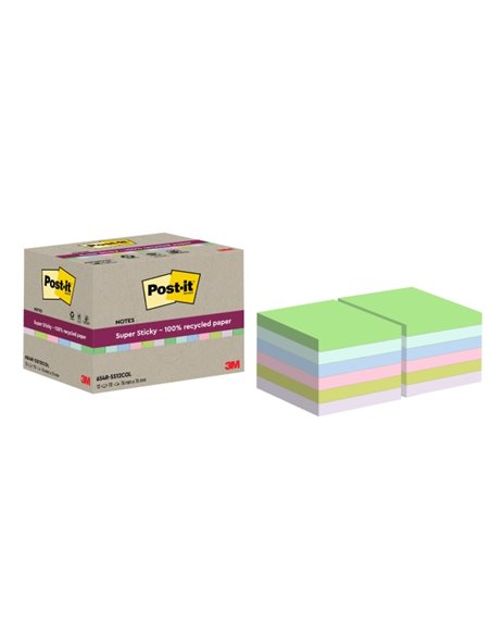 Post-It Super Sticky Pack de 12 blocs de 70 notes autocollantes recyclées - Forme carrée - 76 x 76 mm - Couleurs assorties