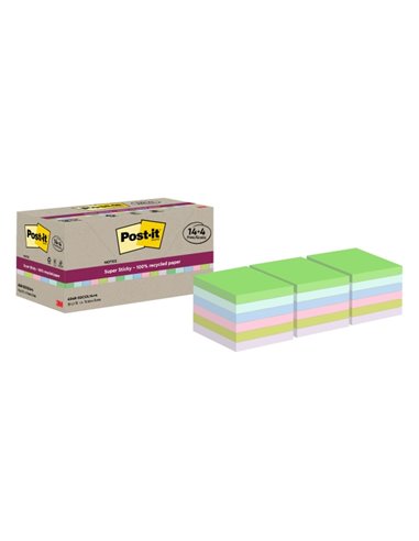 Post-It Super Sticky Pack de 18 blocs de 70 notes autocollantes recyclées - Forme carrée - 76 x 76 mm - Couleurs assorties