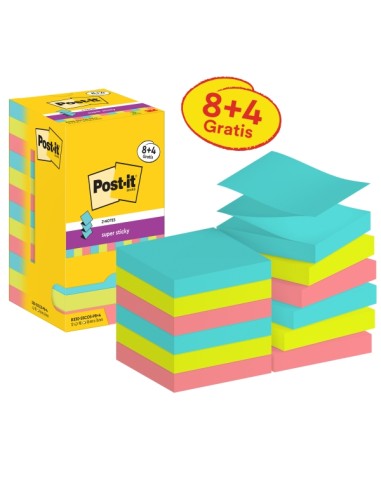 Post-It Super Sticky Pack de 12 blocs de 90 notes autocollantes repositionnables - Forme carrée - 76 x 76 mm - Zig-Zag - Couleur