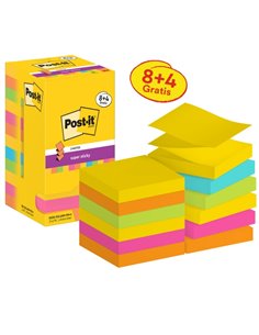 Post-It Super Sticky Pack de 12 blocs de 90 notes autocollantes repositionnables - Forme carrée - 76 x 76 mm - Zig-Zag - Couleur