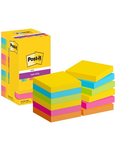 Post-It Super Sticky Pack de 12 blocs de 90 notes autocollantes repositionnables - Forme carrée - 76 x 76 mm - Couleurs assortie