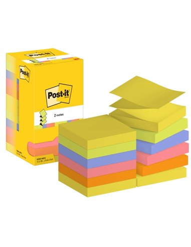 Pack de 12 blocs de 100 notes autocollantes repositionnables en Z - Forme carrée - 76 x 76 mm - Couleurs assorties