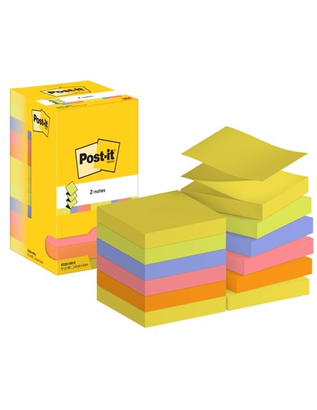 Pack de 12 blocs de 100 notes autocollantes repositionnables en Z - Forme carrée - 76 x 76 mm - Couleurs assorties