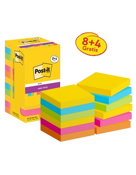 Post-It Super Sticky Pack de 12 blocs de 90 notes autocollantes repositionnables - Forme carrée - 76 x 76 mm - Couleurs assortie