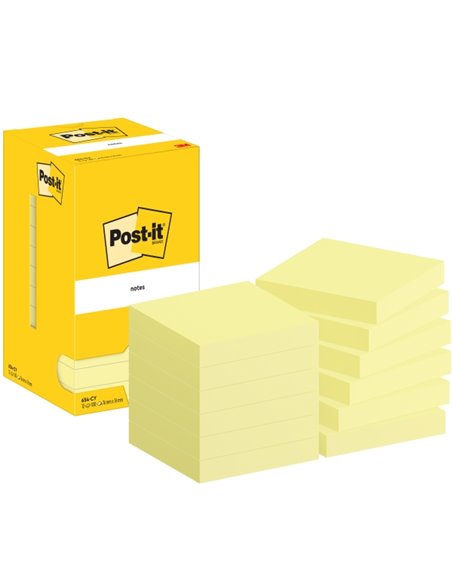 Lot de 12 blocs de 100 notes autocollantes repositionnables Post-It - Forme carrée - 76 x 76 mm - Jaune clair