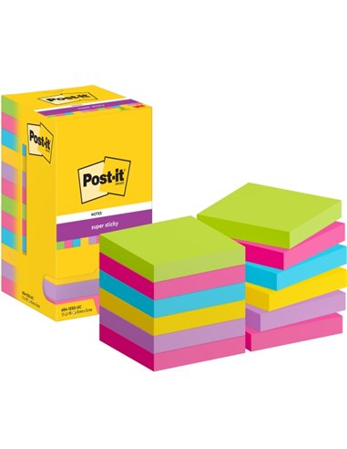 Post-It Super Sticky Pack de 12 blocs de 90 notes autocollantes repositionnables - Forme carrée - 76 x 76 mm - Couleurs assortie