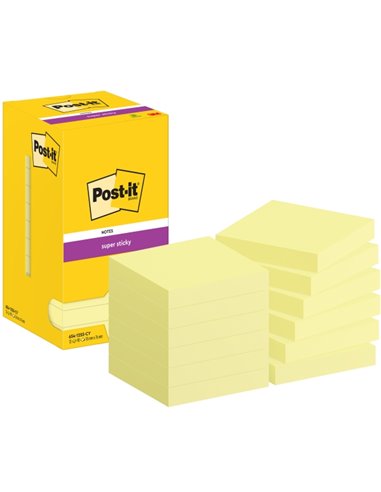 Post-It Super Sticky Pack de 12 blocs de 90 notes autocollantes repositionnables - 76 x 76 mm - Emballage carton - Jaune clair