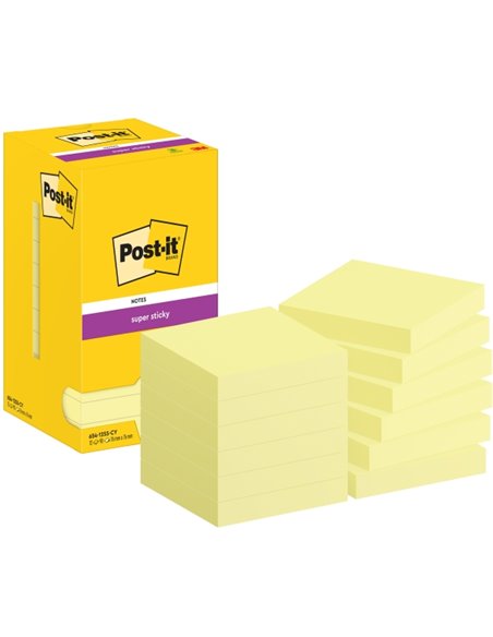 Post-It Super Sticky Pack de 12 blocs de 90 notes autocollantes repositionnables - 76 x 76 mm - Emballage carton - Jaune clair