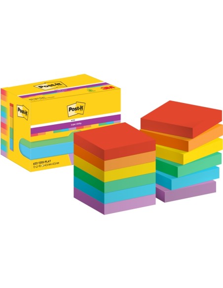 Post-It Super Sticky Pack de 12 blocs de 90 notes autocollantes repositionnables - Forme carrée - 47,6 x 47,6 mm - Couleurs asso