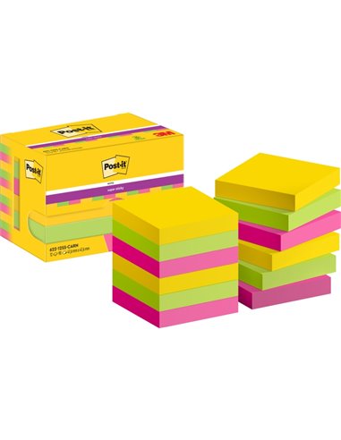 Post-It Super Sticky Pack de 12 blocs de 90 notes autocollantes repositionnables - Forme carrée - 47,6 x 47,6 mm - Couleurs asso