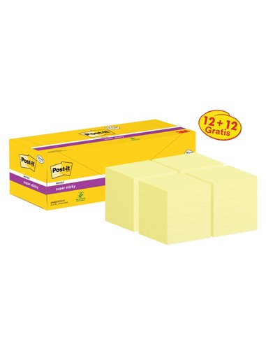 Post-It Super Sticky Pack de 24 blocs de 90 notes autocollantes repositionnables - 76 x 76 mm - Promotion 12 blocs + 12 offerts 