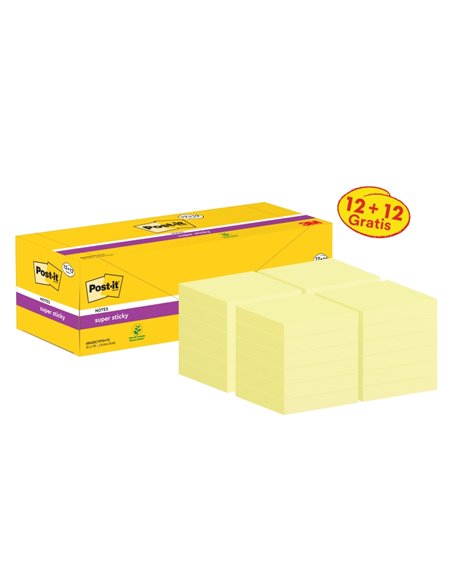 Post-It Super Sticky Pack de 24 blocs de 90 notes autocollantes repositionnables - 76 x 76 mm - Promotion 12 blocs + 12 offerts 