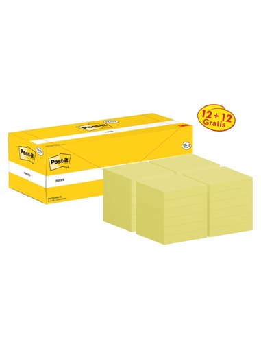 Pack de 24 blocs de 100 notes autocollantes repositionnables Post-It - Forme carrée - 76 x 76 mm - Jaune clair