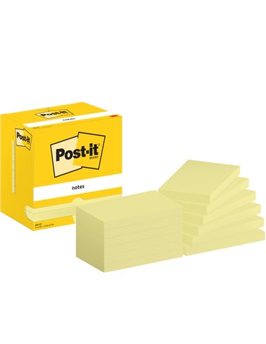 Post-It Pack de 12 blocs de 100 notes autocollantes repositionnables - Forme rectangulaire - 76 x 127 mm - Jaune clair
