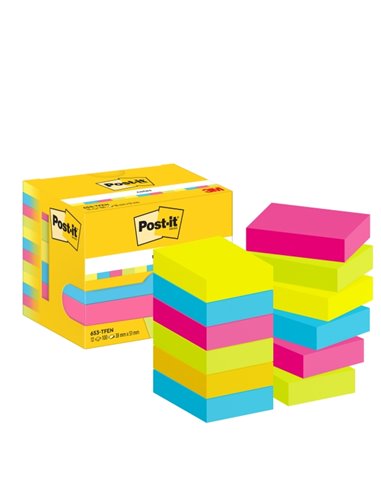 Pack de 12 blocs de 100 notes autocollantes repositionnables Post-It - Forme rectangulaire - 38 x 51 mm - Couleurs assorties