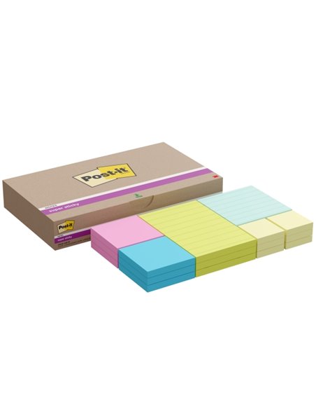 Post-It Super Sticky Pack de 18 blocs de 90 notes autocollantes repositionnables - Couleurs assorties