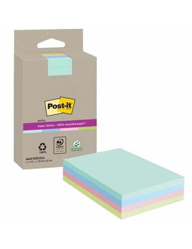 Post-It Super Sticky Pack de 4 blocs de 45 notes adhésives recyclées - Forme rectangulaire - 102 x 152 mm - Couleurs assorties