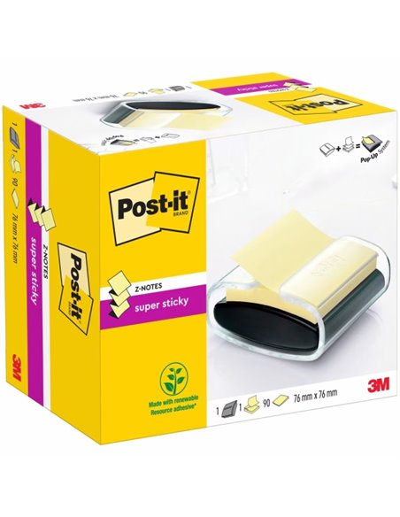 Distributeur de notes Post-It Super Sticky avec bloc de 90 notes - Distributeur Pro - Forme carrée - 76 x 76 mm - Noir