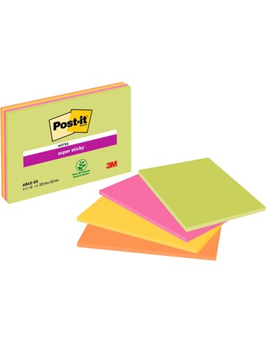 Post-It Super Sticky Pack de 4 blocs de 45 notes autocollantes repositionnables - Forme rectangulaire - 152 x 203 mm - Couleurs 