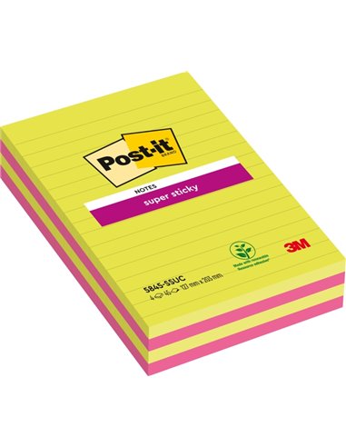 Post-It Super Sticky Pack de 4 blocs de 45 grandes notes adhésives repositionnables - avec lignes - 100 % PEFC - Couleurs assort