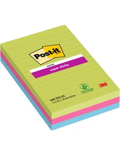 Post-It Super Sticky Pack de 3 blocs de 90 grandes notes autocollantes repositionnables - avec lignes - 100 % PEFC - Couleurs as