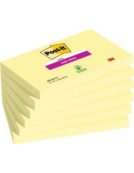 Post-It Super Sticky Pack de 6 blocs de 90 notes autocollantes repositionnables - Forme rectangulaire - Jaune clair