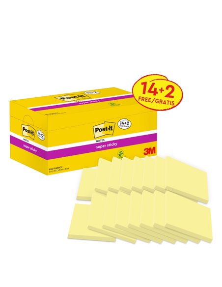 Post-It Super Sticky Pack de 16 blocs de 90 notes autocollantes repositionnables - Forme carrée - 76 x 76 mm - Jaune clair