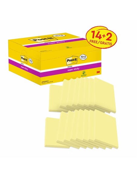 Post-It Super Sticky Pack de 16 blocs de 90 notes autocollantes repositionnables - Forme rectangulaire - 76 x 127 mm - Jaune cla