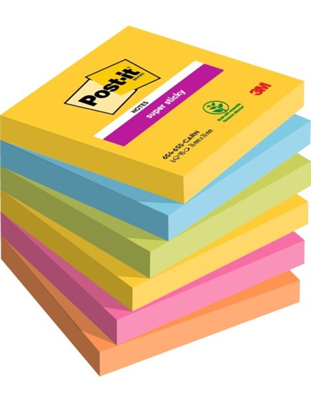 Post-It Super Sticky Pack de 6 blocs de 90 notes autocollantes repositionnables - Forme carrée - 76 x 76 mm - Couleurs assorties