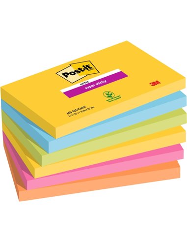Post-It Super Sticky Pack de 6 blocs de 90 notes autocollantes repositionnables - Forme rectangulaire - Couleurs assorties