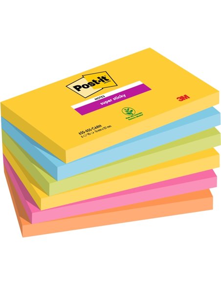 Post-It Super Sticky Pack de 6 blocs de 90 notes autocollantes repositionnables - Forme rectangulaire - Couleurs assorties
