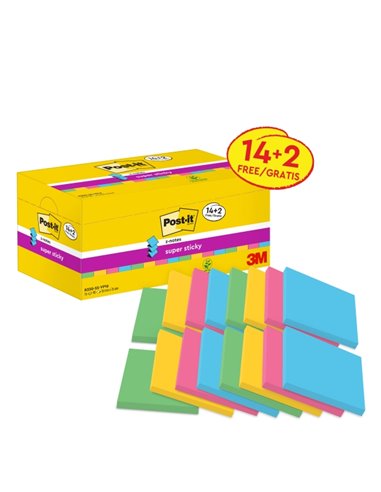 Post-It Super Sticky Pack de 16 blocs de 90 notes autocollantes repositionnables - Forme carrée - 76 x 76 mm - Zig-Zag - Couleur