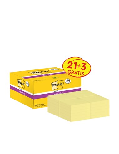 Post-It Super Sticky Pack de 24 blocs de 90 notes autocollantes repositionnables - 47,6 x 47,6 mm - Promotion 21 blocs + 3 offer
