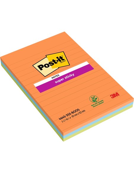 Post-It Super Sticky Pack de 3 blocs de 45 notes autocollantes repositionnables - Forme rectangulaire - 101 x 152 mm - Couleurs 