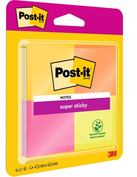 Post-It Super Sticky Pack de 4 blocs de 45 notes autocollantes repositionnables - 47,6 x 47,6 mm - 100 % PEFC - Couleurs assorti