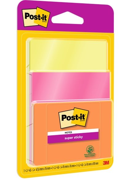Post-It Super Sticky Pack de 3 blocs de 45 notes autocollantes repositionnables - Forme carrée - Couleurs assorties
