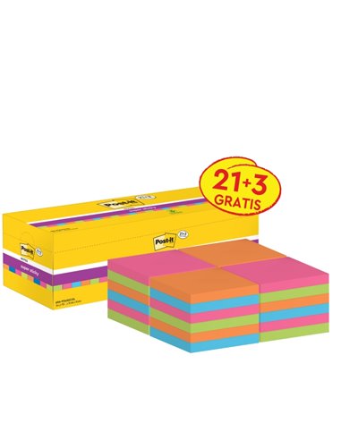 Post-It Super Sticky Pack de 24 blocs de 90 notes autocollantes repositionnables - 76 x 76 mm - Promotion 21 blocs + 3 gratuits 