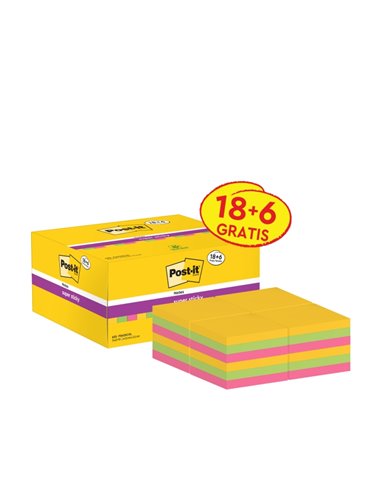 Post-It Super Sticky Pack de 24 blocs de 90 notes autocollantes repositionnables - 47,6 x 47,6 mm - Promotion 18 blocs + 6 gratu