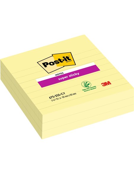 Post-It Super Sticky Pack de 3 blocs de 70 grandes notes adhésives repositionnables - 101 x 101 mm - Jaune clair