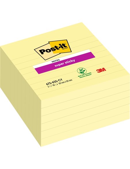 Post-It Super Sticky Pack de 6 blocs de 90 grandes notes adhésives repositionnables - 101 x 101 mm - Jaune clair