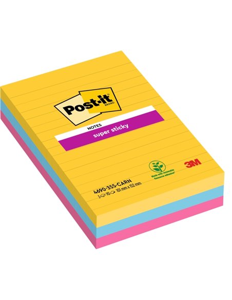 Post-It Super Sticky Pack de 3 blocs de 90 notes autocollantes repositionnables - Forme rectangulaire - 101 x 152 mm - Couleurs 