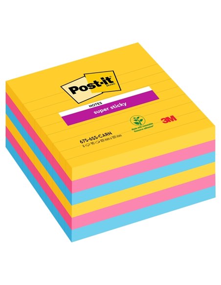 Post-It Super Sticky Pack de 6 blocs de 90 notes autocollantes repositionnables - Forme carrée - 101 x 101 mm - Couleurs assorti