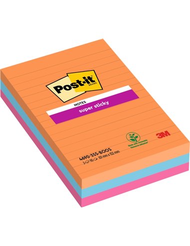 Post-It Super Sticky Pack de 3 blocs de 90 notes autocollantes repositionnables - Forme rectangulaire - 101 x 101 mm - Couleurs 