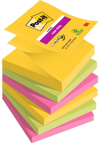 Post-It Super Sticky Pack de 6 blocs de 90 notes autocollantes repositionnables - Forme carrée - 76 x 76 mm - Zig-Zag - Couleurs