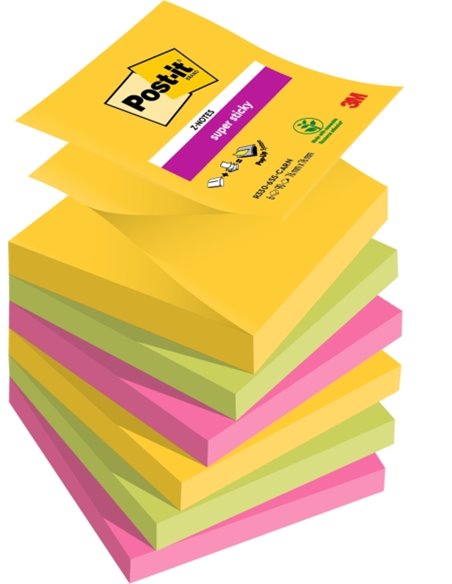 Post-It Super Sticky Pack de 6 blocs de 90 notes autocollantes repositionnables - Forme carrée - 76 x 76 mm - Zig-Zag - Couleurs